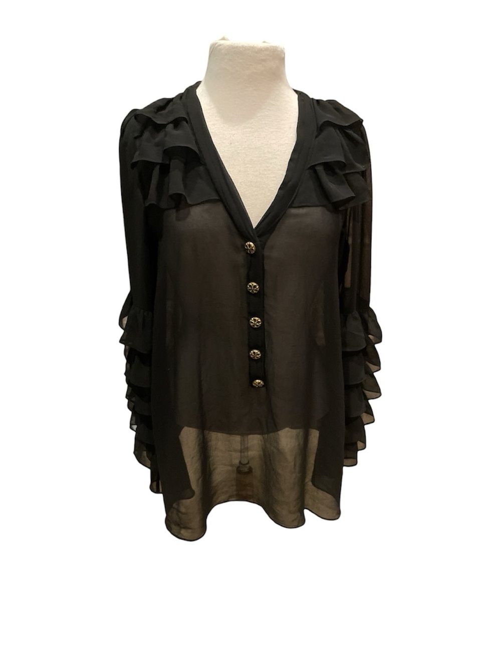 Forever 21 Black Sheer Blouse Large Ruffle Sleeve V Neck Gold Button Gothic Boho